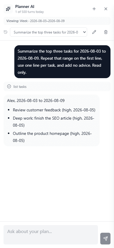 Codex AI assistant calling WeekOrbit MCP tools to find a focus block and update the plan